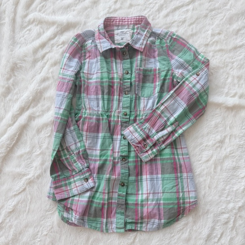 L.O.G.G. Pink/Green Plaid Tunic Dress Sz 7/8 Super Chic!  Button Up. CG
